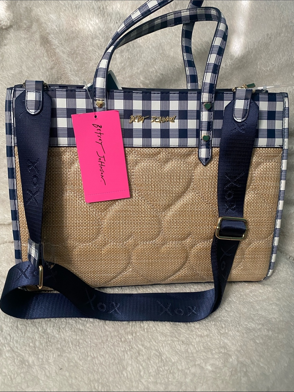 Betsey Johnson Navy Plaid & Natural Woven Tote